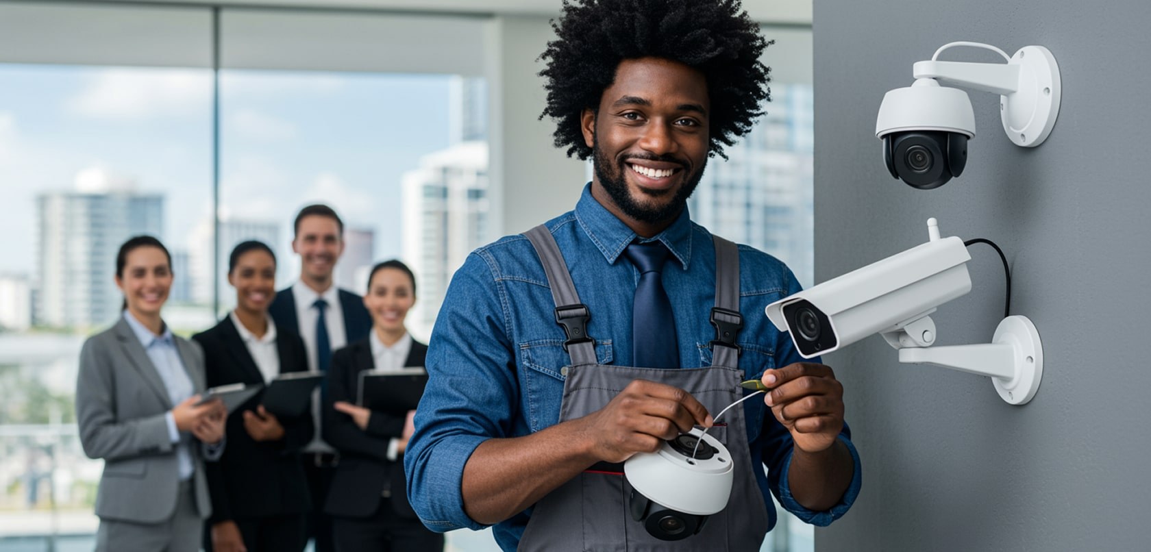 Technicien Dièse Intercom installant des caméras de surveillance