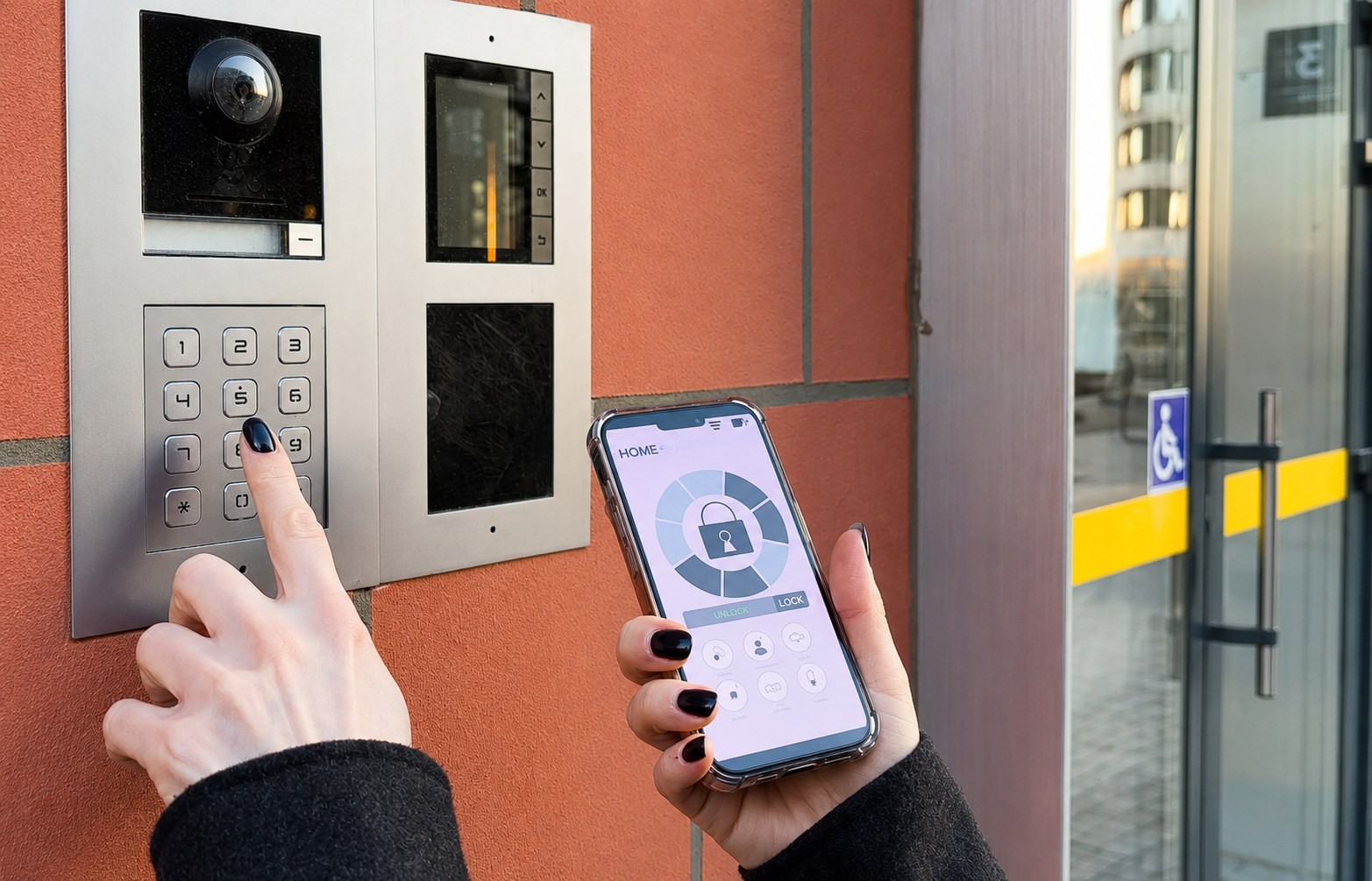 Résident déverrouillant la porte depuis son cellulaire à la plaque de rue d'un immeuble